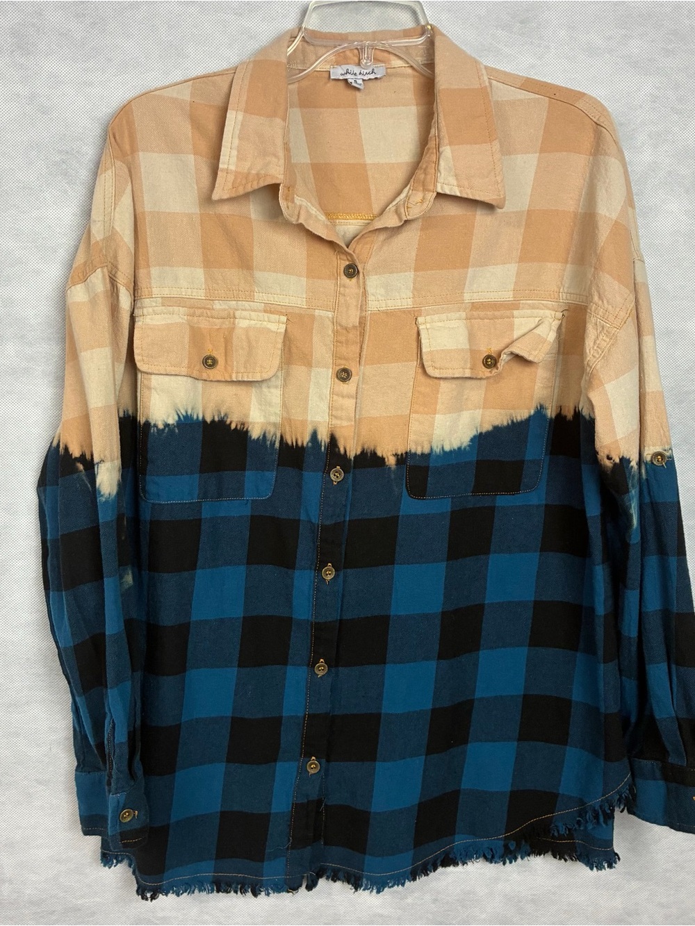 White Birch Dip Dyed Plaid Button Up Shirt Women’s S/M Peach Blue Frayed Hem